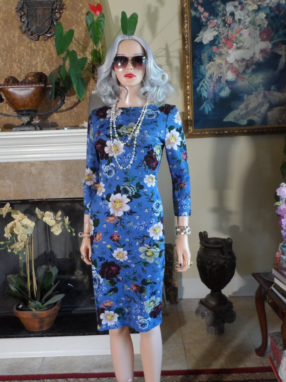 Erdem Blue Floral Sheath Midi Dress Size Medium